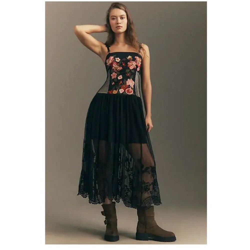 NWT Anthropologie Maeve Corset Twofer Sheer Midi Dress Embroidered Large